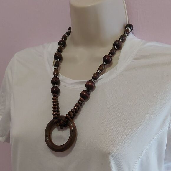 Dark Brown Polished Wood Bead Statement Necklace - Picture 3 of 6